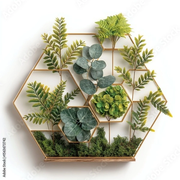 Obraz Vertical garden with various lush green plants in a hexagonal frame.