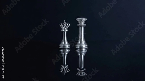 Obraz Silver chess pieces, a king and queen, elegantly displayed on a reflective surface, showcasing intricate details and craftsmanship against a dark background, symbolizing strategy and competition