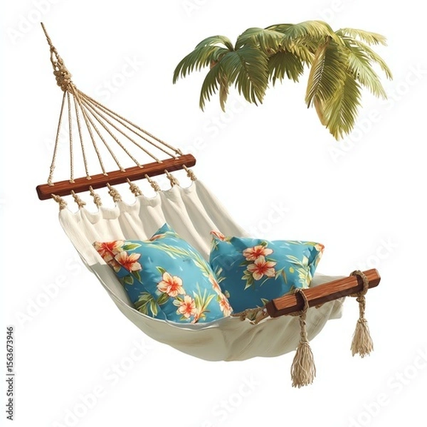 Obraz Comfortable hammock with floral cushions and palm leaves above.