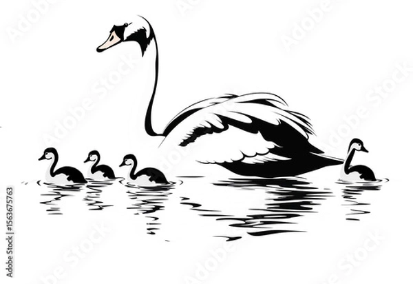 Obraz A beautiful painting of a family of swans in a natural river.