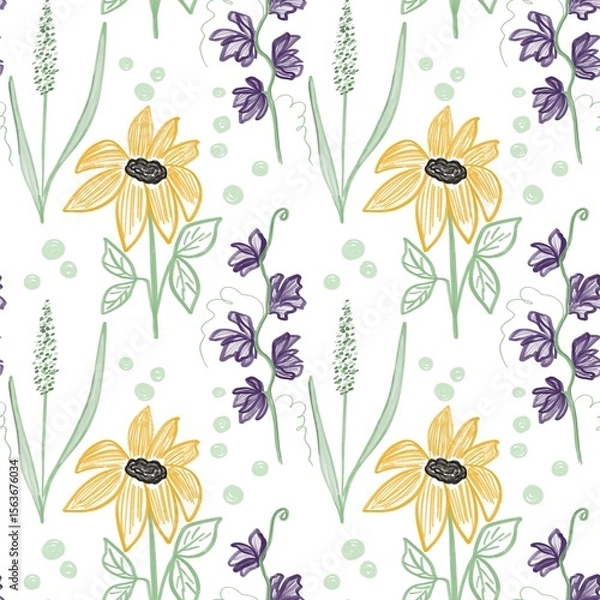 Fototapeta Hand drawn pattern with wild flowers. Meadow and forest flowers designed for fabric textile, print, wrapping paper. Floristic shop.