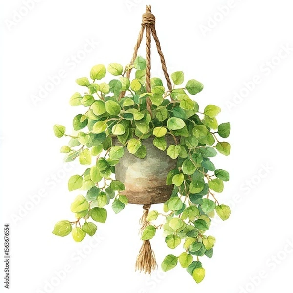 Obraz A lush green plant with heart-shaped leaves in a hanging pot suspended by a rope, illustrated in a light, natural style on a white background.