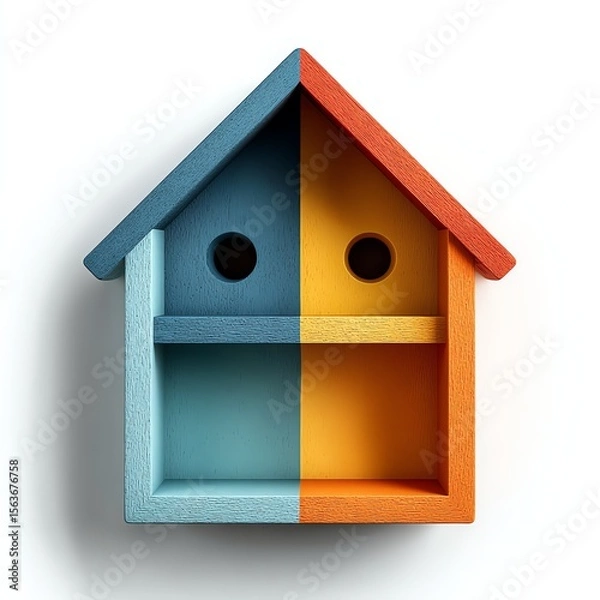 Obraz A colorful wooden birdhouse with two circular entry holes, divided vertically into blue and orange halves, showcasing a minimalist and modern design.