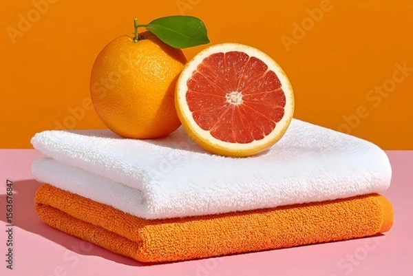 Fototapeta Fresh Citrus Spa Scene: A visually appealing composition showcasing the invigorating freshness of a grapefruit, complemented by a neatly stacked pile of pristine towels.