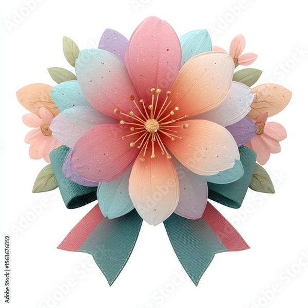 Obraz A delicate, pastel-colored flower with layered petals and a decorative ribbon, creating an elegant and artistic floral arrangement.