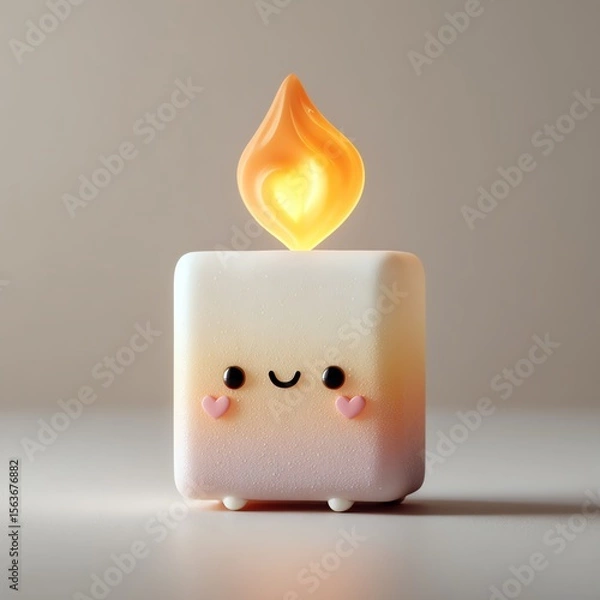 Obraz A cute, smiling square candle with a glowing flame and heart-shaped cheeks sits on a smooth surface against a neutral background.