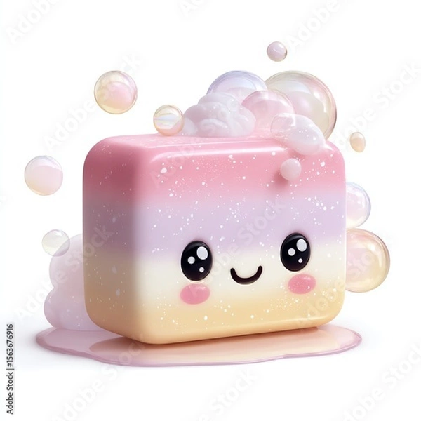 Obraz A cute, smiling, pastel-colored soap bar with bubbles and foam around it.