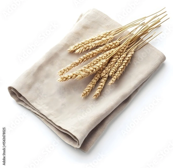 Fototapeta Golden wheat stalks on beige linen fabric displaying natural simplicity and harmony