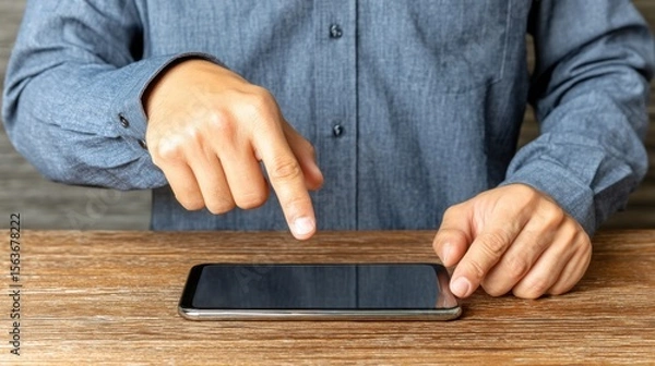 Fototapeta A person using a smartphone on a wooden table in a casual setting