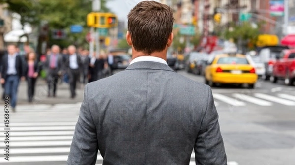Obraz A man in a gray suit stands at a busy city crosswalk with pedestrians and vehicles in the background