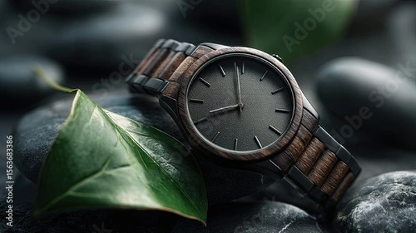 Obraz A close-up of a luxury watch made from recycled metal and a sustainable wooden strap.
