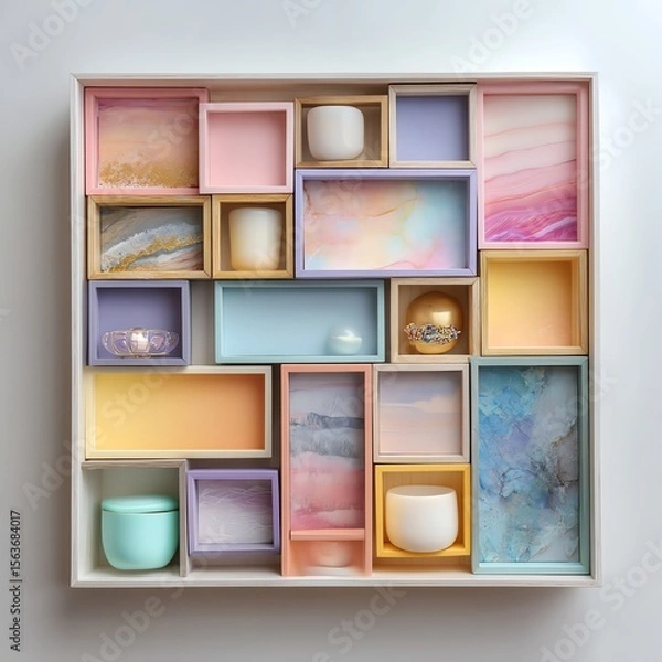 Obraz Colorful arrangement of decorative boxes and containers in a display.