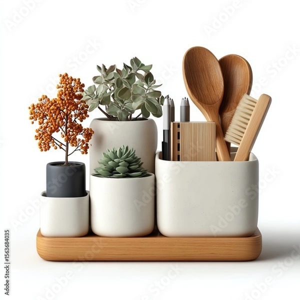 Obraz Stylish desk organizer with plants and utensils in minimalist pots.
