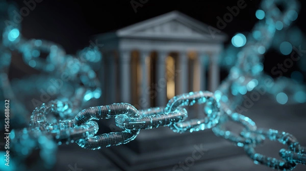 Fototapeta Concept image showing digital chains representing blockchain technology wrapping around a courthouse, symbolizing the integration of blockchain into the legal ...