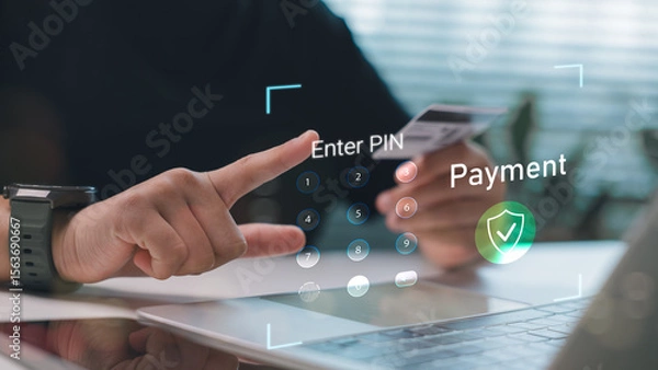 Obraz Close-up of a man entering PIN code for secure online payment using credit card and digital interface. Concept of fintech, cybersecurity, and digital banking.