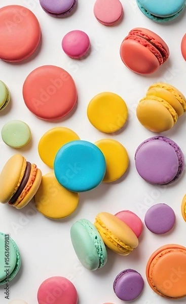 Fototapeta Colorful Festive Macarons on White Background, Flat Lay, Realistic Style