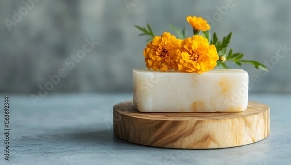 Fototapeta Handmade soap with yellow flowers on wooden stand against gray background