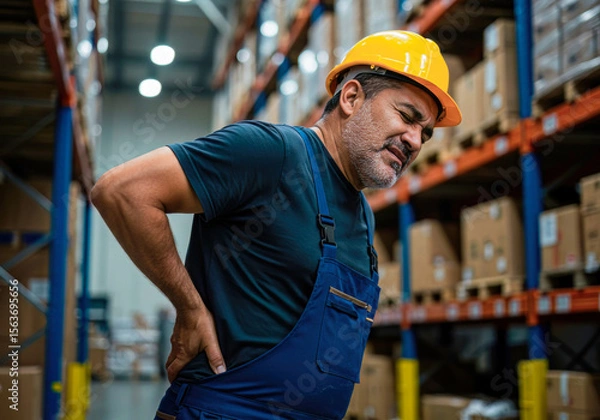 Obraz Grit and grimace: A dedicated warehouse worker endures debilitating muscle pain and injuries, a testament to taxing labor.
