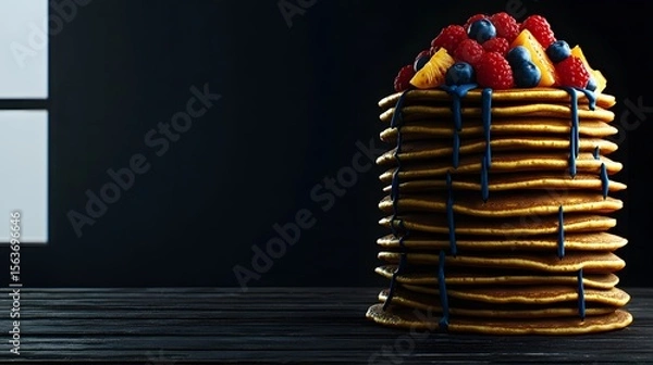 Fototapeta A towe stack of golden pancakes drizzled with vibrant blue syrup is generously topped with fresh raspberries blueberries and pine chunks creating a delicious breakfast