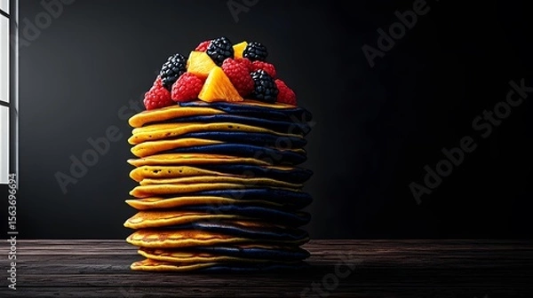 Fototapeta A tempting tall stack of golden pancakes drizzled with dark purple syrup and topped with vibrant raspberries, blackberries, and pine slices sits on a rustic wooden table