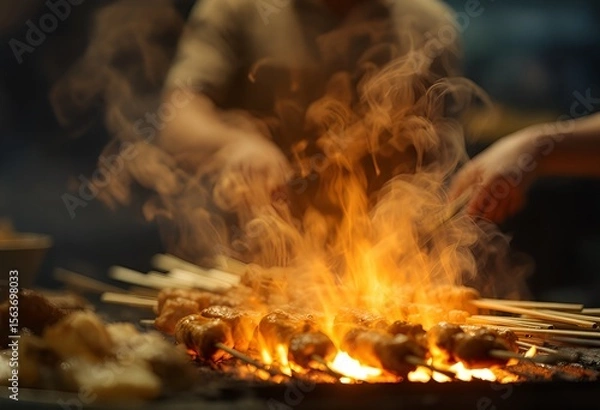 Fototapeta Sizzling Satay Skewers Fiery Flames and Culinary Artistry in Motion.