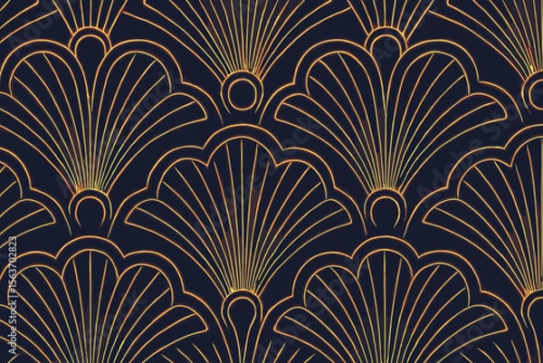 Fototapeta Seamless art deco pattern with glowing gold fan shapes on dark background