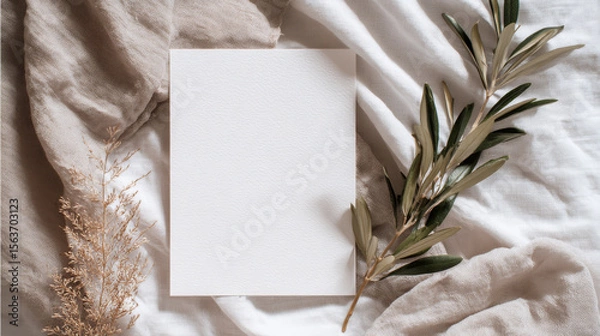Fototapeta Elegant wedding stationery flat lay mockup with a blank vertical card and an olive branch atop soft white linen