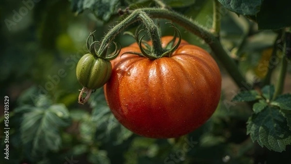 Fototapeta A close up of a ripe tomato and a green unripe tomato on the vine in a garden setting outdoors