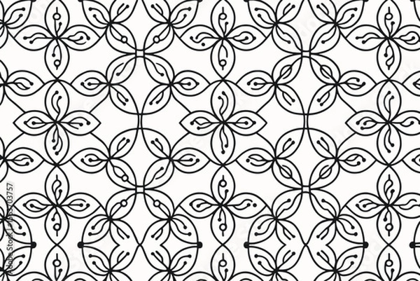 Fototapeta Seamless black floral line pattern on white background