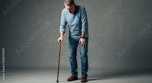 Fototapeta Elderly man with walking cane, experiencing pain and difficulty walking, showing signs of aging and mobility issues.