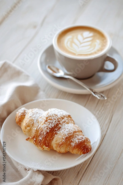 Obraz Cornetto pastry rests beside a creamy cappuccino in a white ceramic cup