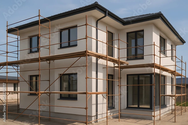 Fototapeta Residential building facade covered in scaffolding and safety nets during exterior renovation work on multi-story home
