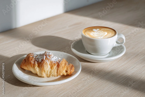 Obraz Cornetto pastry rests beside a creamy cappuccino in a white ceramic cup