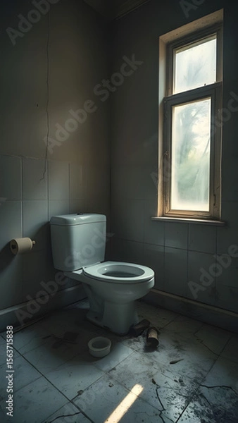 Fototapeta Abandoned bathroom with dusty floor crack and old fixtures highlighting need for sanitary system overhaul in refurbishment
