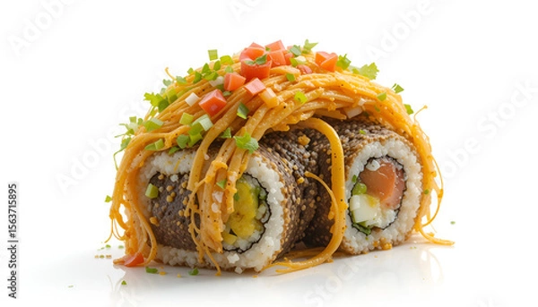 Fototapeta Vibrant fresh ingredients wrapped. Savory filling, perfect texture. Culinary innovation, delightful blend. Healthy, satisfying meal. Unique, portable creation. Asian-inspired, modern twist. Flavorful,