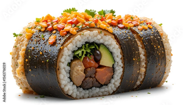 Fototapeta Vibrant fresh ingredients wrapped. Savory filling, perfect texture. Culinary innovation, delightful blend. Healthy, satisfying meal. Unique, portable creation. Asian-inspired, modern twist. Flavorful,