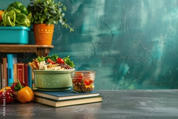 Fototapeta High Definition Picture of Healthy Food Near Books and Lunchbox