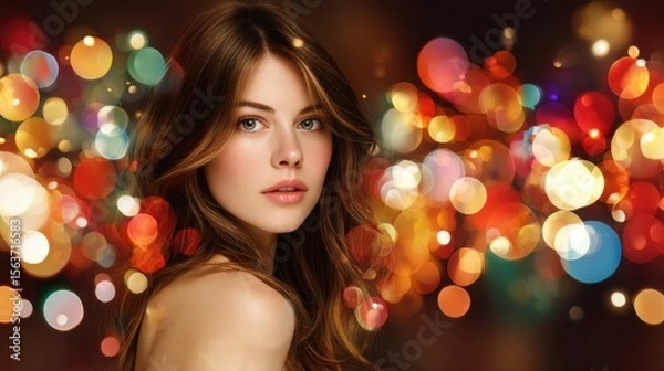 Obraz Woman with long brown hair and blue eyes surrounded by colorful bokeh lights creating a festive atmosphere