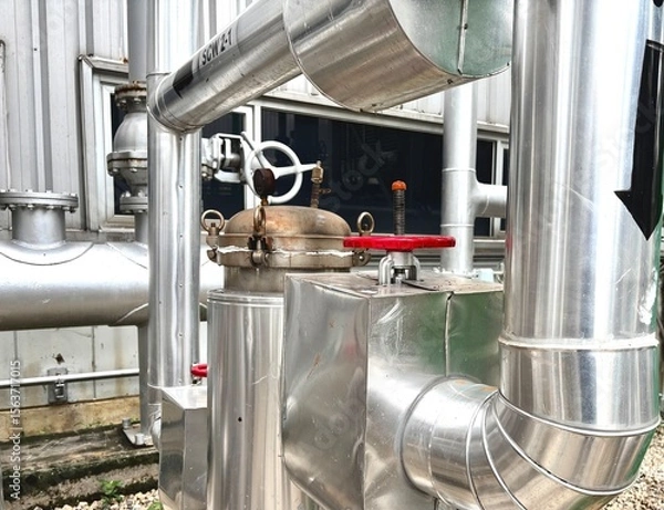 Obraz Industrial stainless steel pipeline system with red-handled gate valves. Used in HVAC, steam, and water distribution systems for factories, energy plants, or mechanical infrastructure.