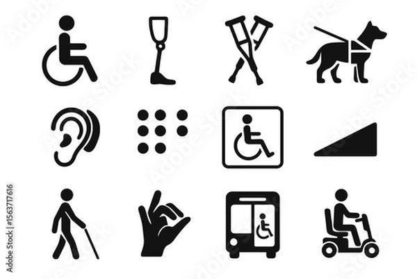 Fototapeta 12 black disability icons on white. Solid vector for accessibility and inclusion design.