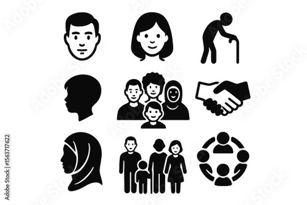 Fototapeta Black icons on white background for diverse people. Minimal vector for unity and representation.