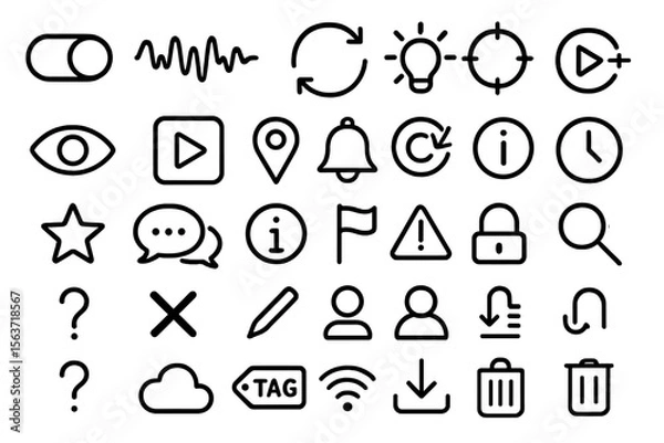 Fototapeta Comprehensive black UI icon set with symbols for media, alerts, and tools