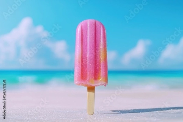 Obraz Bright Pink Popsicle in Tropical Beach Setting with Clear Sky and Soft Clouds, Perfect for Summer Themes and Refreshing Treat Concepts