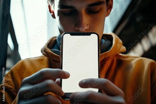 Fototapeta Flawless Visual of Close Up Young Man Checking His Phone
