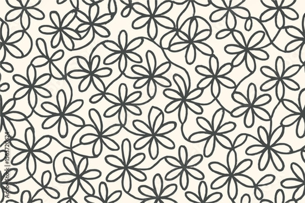 Fototapeta A whimsical, hand-drawn floral pattern with interconnected flower shapes, featuring black outlines on a light, neutral background. Ideal for adding a playful yet elegant touch to design projects.