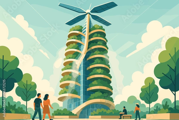 Fototapeta Illustration of a futuristic eco-friendly building with green terraces and a wind turbine.