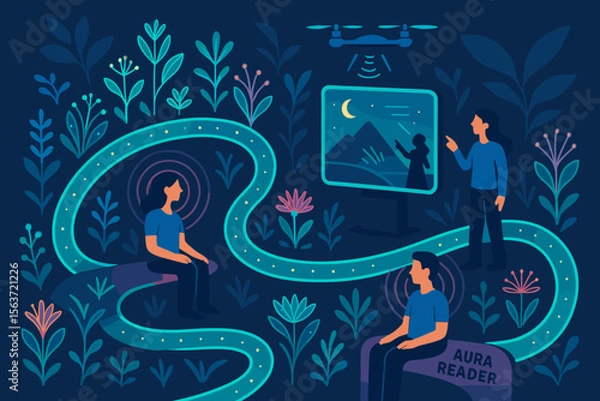 Fototapeta Illustration of a futuristic aura reading experience with drones and digital screens in a lush garden.