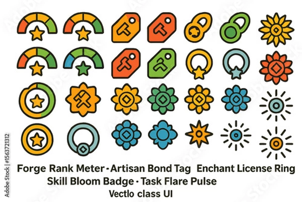 Fototapeta Colorful set of UI icons for forge rank, badges, and task indicators.