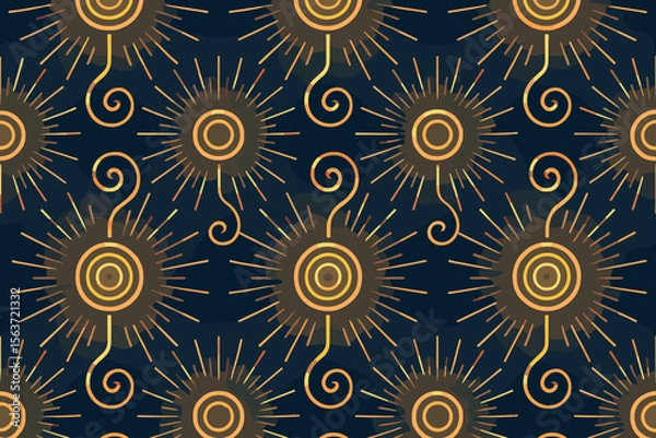 Fototapeta Seamless glowing sun spiral pattern with golden rays on dark background