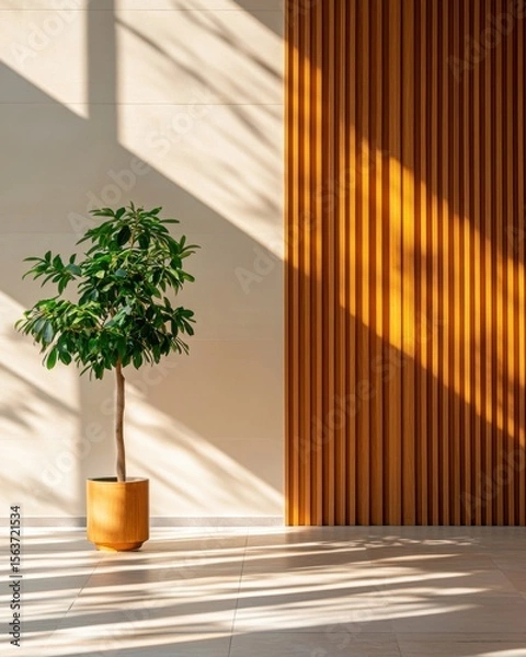 Fototapeta Leeyongjay architecture highlights a potted plant with linear shadows playing on a wall of minimalist design and fluted wood panels creating a modern aesthetic.